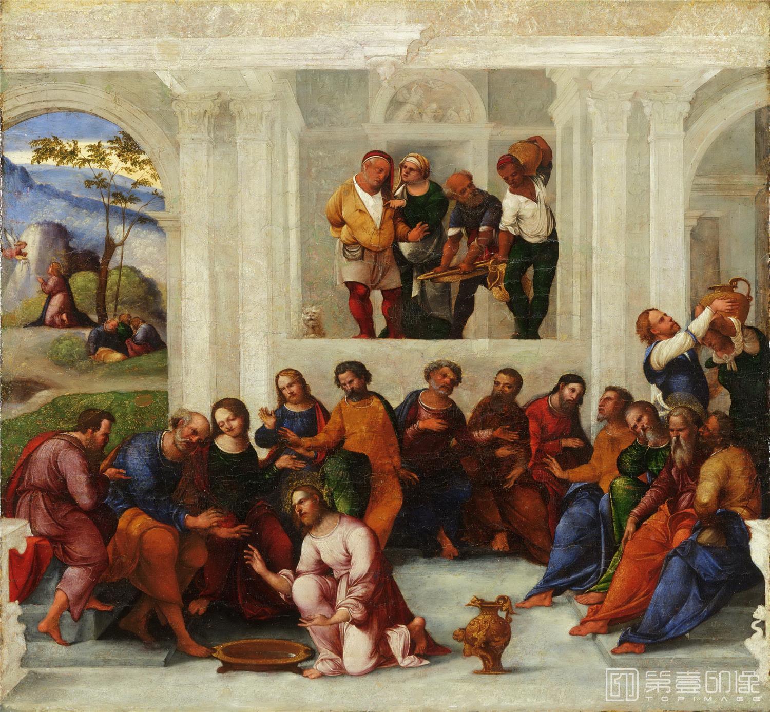 油画-美国费城美术馆藏画-Lodovico Mazzolino, Italian (active Ferrara), first documented 1504, died 1528-30Christ Washing the Feet of the Disciples-406
